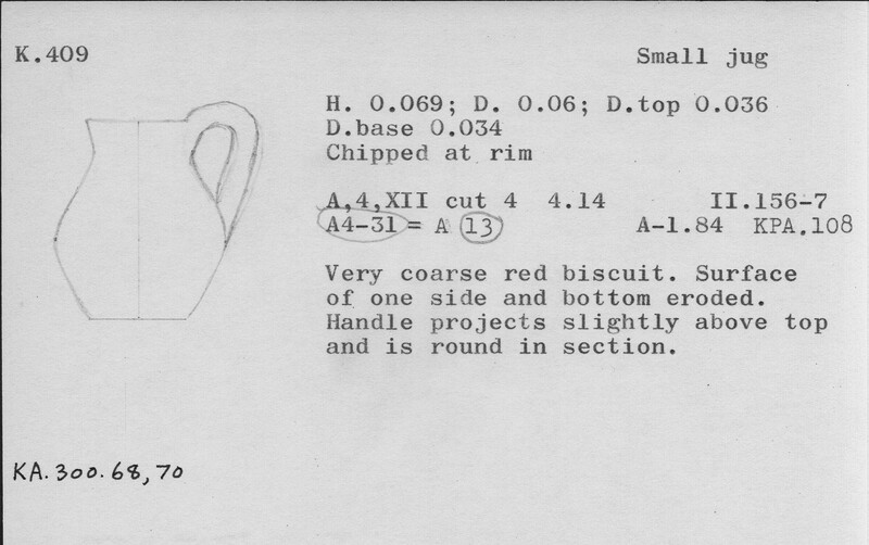 Index card with typed and handwritten information, sometimes including a sketch, of pottery from an excavation.