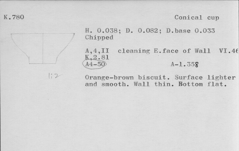 Index card with typed and handwritten information, sometimes including a sketch, of pottery from an excavation.