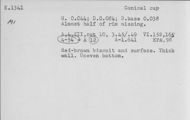 Index card with typed and handwritten information, sometimes including a sketch, of pottery from an excavation.