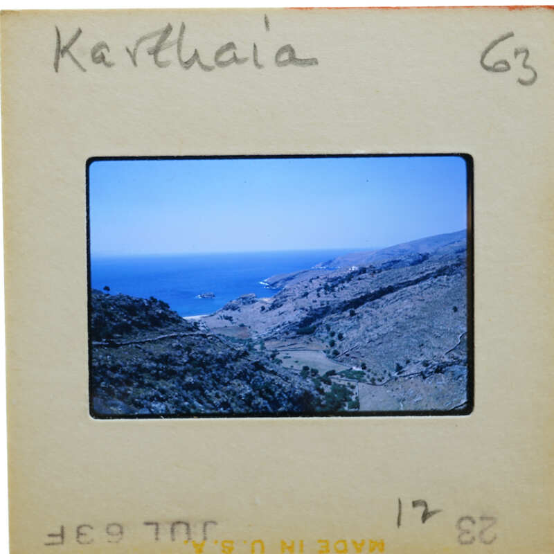 A slide of a coastal landscape with mountains and the sea, labeled "Katharina" on its border.