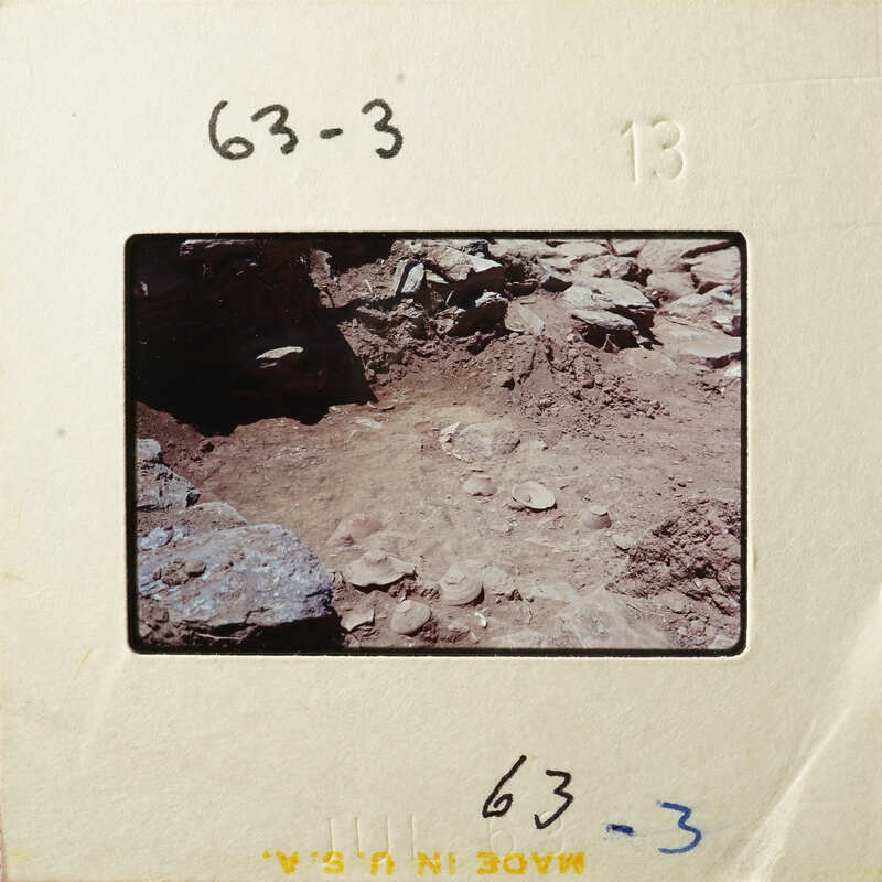 Old photograph showing excavated archaeological site with exposed layers and artifacts.