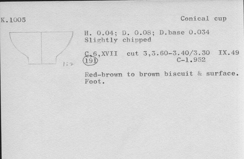 Index card with typed and handwritten information, sometimes including a sketch, of pottery from an excavation.