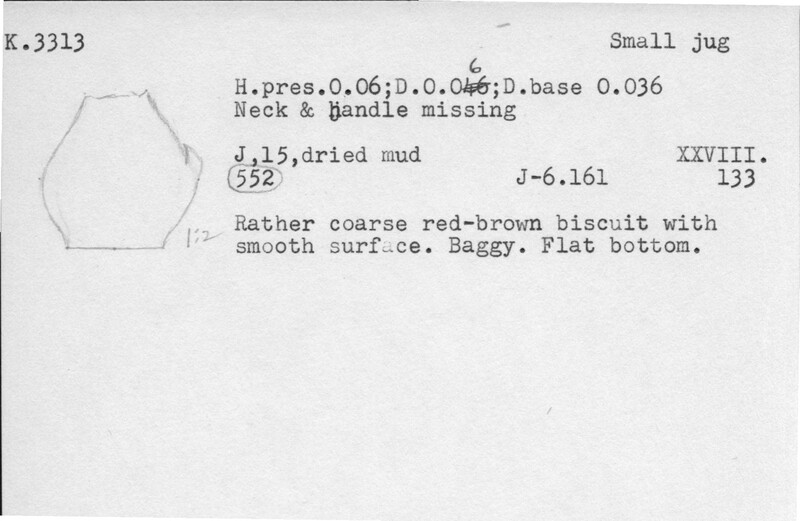 Index card with typed and handwritten information, sometimes including a sketch, of pottery from an excavation.