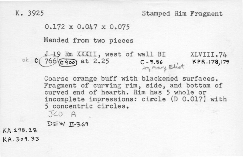 Index card with typed and handwritten information, sometimes including a sketch, of pottery from an excavation.