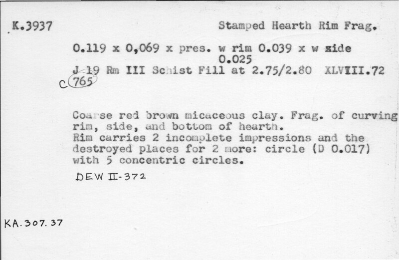 Index card with typed and handwritten information, sometimes including a sketch, of pottery from an excavation.