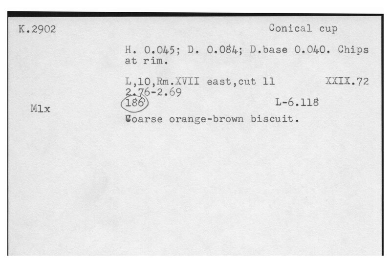 Index card with typed and handwritten information, sometimes including a sketch, of pottery from an excavation.
