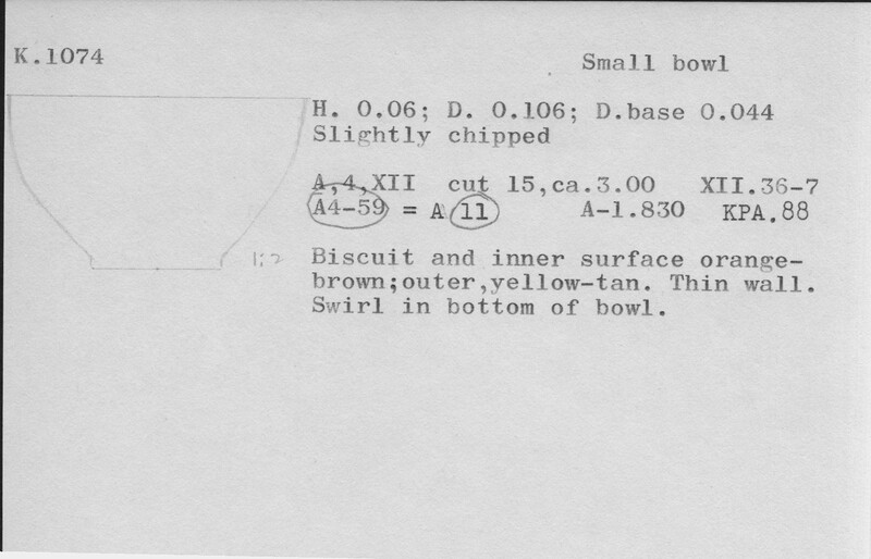 Index card with typed and handwritten information, sometimes including a sketch, of pottery from an excavation.