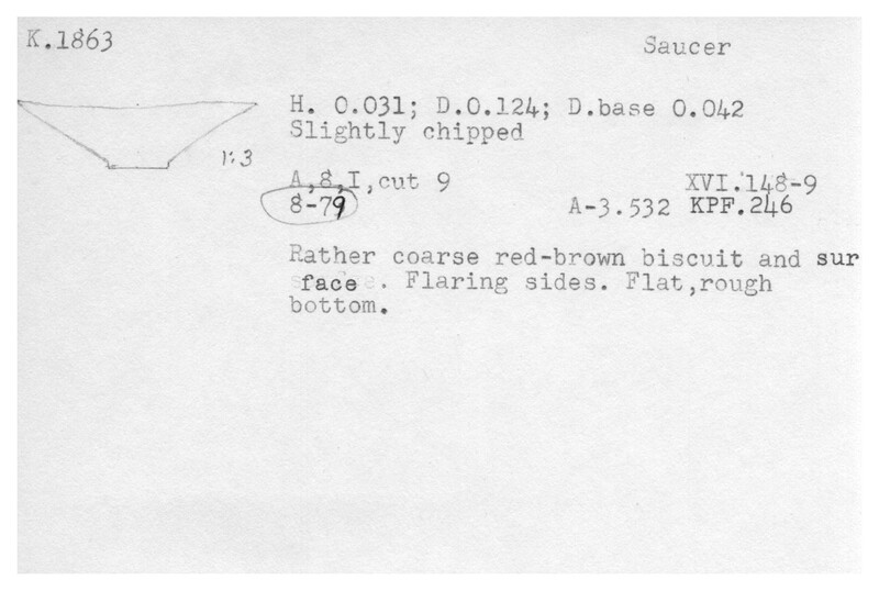 Index card with typed and handwritten information, sometimes including a sketch, of pottery from an excavation.
