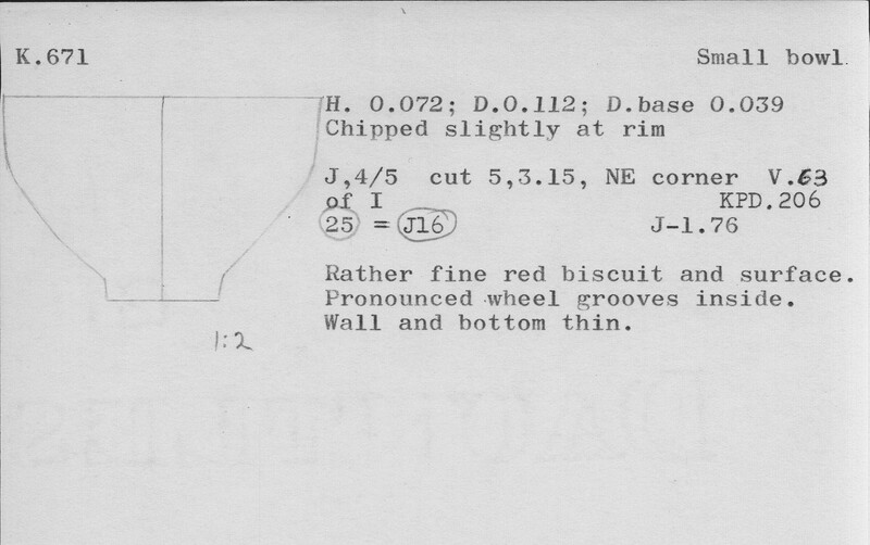 Index card with typed and handwritten information, sometimes including a sketch, of pottery from an excavation.