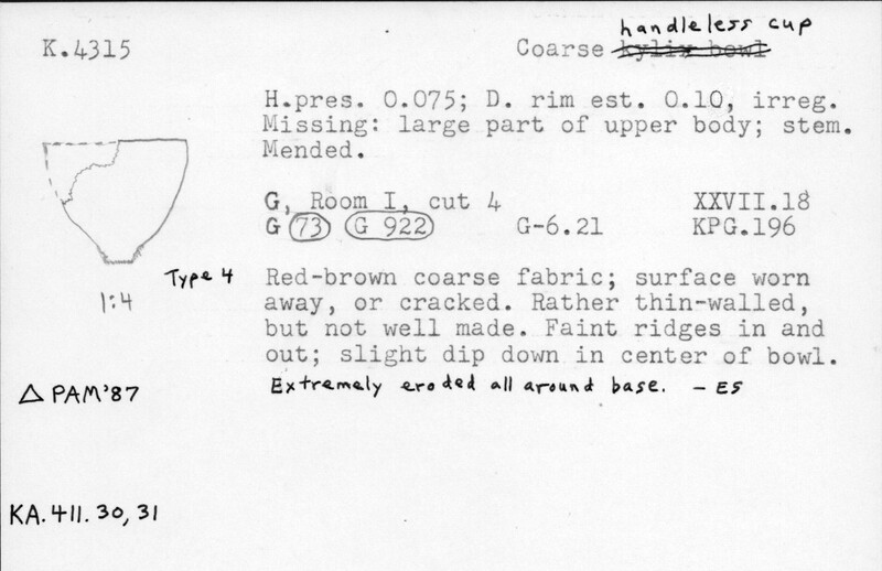 Index card with typed and handwritten information, sometimes including a sketch, of pottery from an excavation.