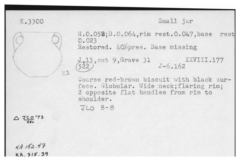 Index card with typed and handwritten information, sometimes including a sketch, of pottery from an excavation.