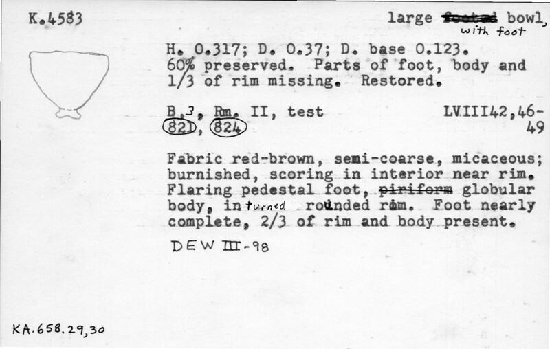 Index card with typed and handwritten information, sometimes including a sketch, of pottery from an excavation.