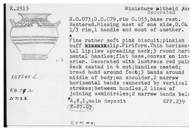 Index card with typed and handwritten information, sometimes including a sketch, of pottery from an excavation.