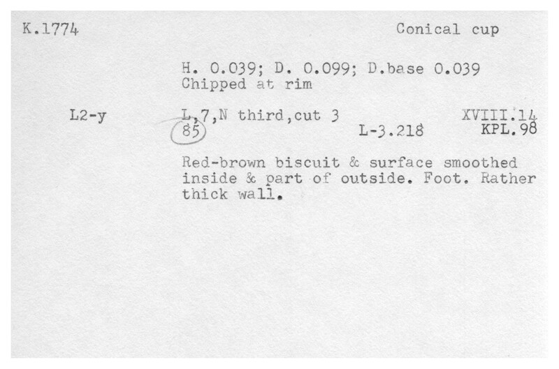Index card with typed and handwritten information, sometimes including a sketch, of pottery from an excavation.