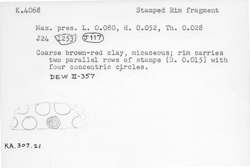 Index card with typed and handwritten information, sometimes including a sketch, of pottery from an excavation.