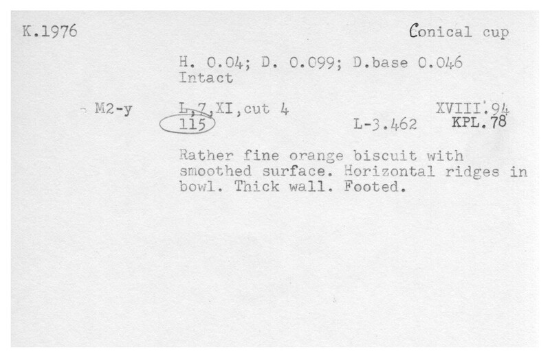 Index card with typed and handwritten information, sometimes including a sketch, of pottery from an excavation.
