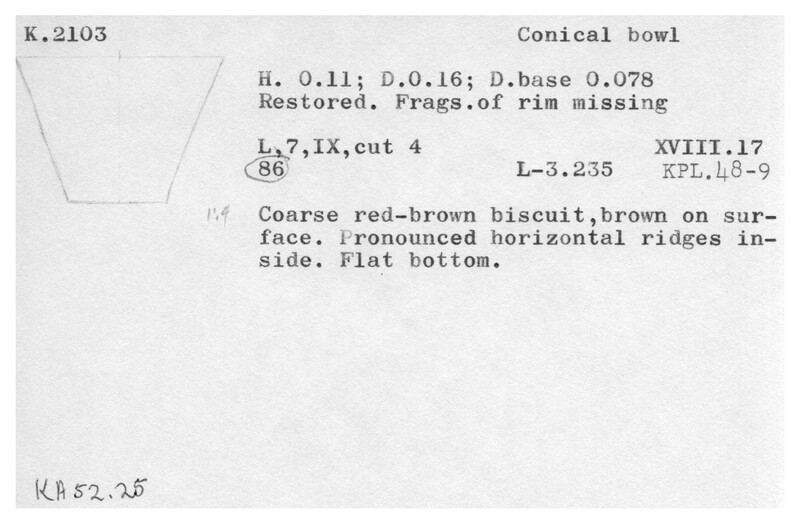 Index card with typed and handwritten information, sometimes including a sketch, of pottery from an excavation.