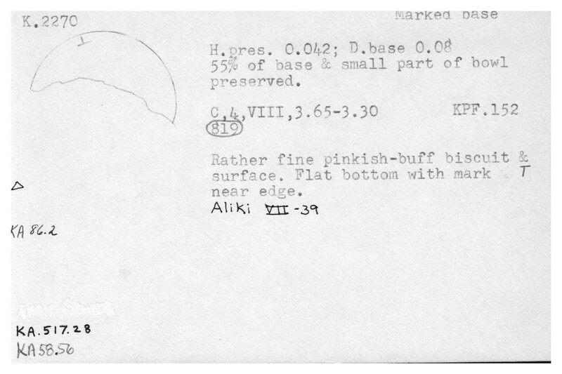 Index card with typed and handwritten information, sometimes including a sketch, of pottery from an excavation.