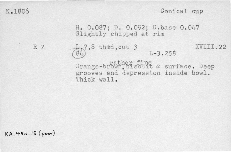 Index card with typed and handwritten information, sometimes including a sketch, of pottery from an excavation.