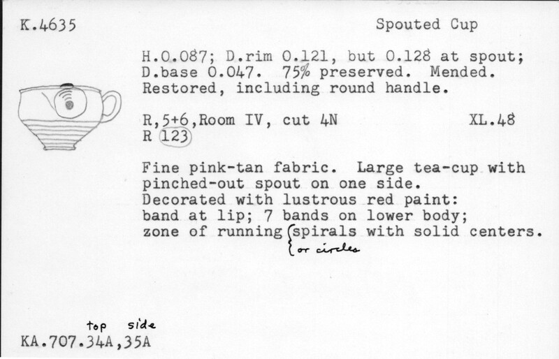 Index card with typed and handwritten information, sometimes including a sketch, of pottery from an excavation.