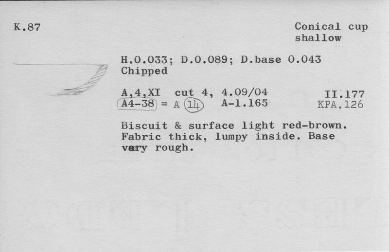 Index card with typed and handwritten information, sometimes including a sketch, of pottery from an excavation.