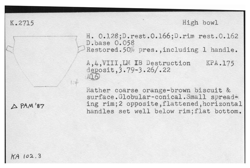 Index card with typed and handwritten information, sometimes including a sketch, of pottery from an excavation.