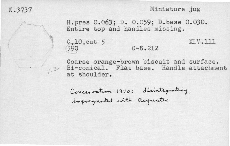 Index card with typed and handwritten information, sometimes including a sketch, of pottery from an excavation.