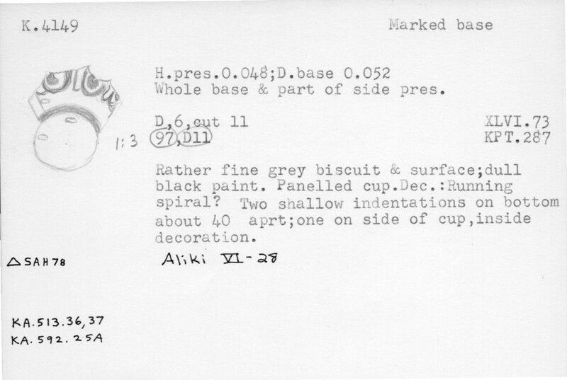 Index card with typed and handwritten information, sometimes including a sketch, of pottery from an excavation.