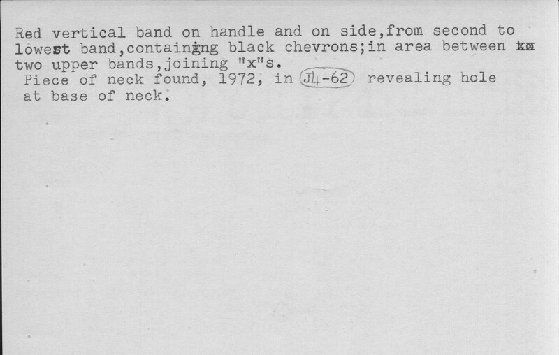 Index card with typed and handwritten information, sometimes including a sketch, of pottery from an excavation.
