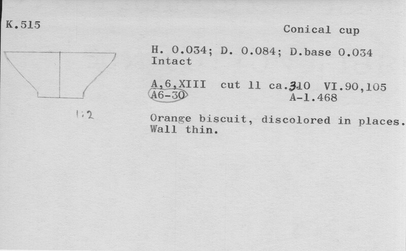 Index card with typed and handwritten information, sometimes including a sketch, of pottery from an excavation.