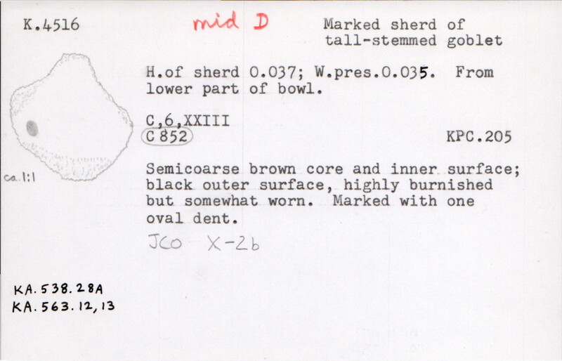 Index card with typed and handwritten information, sometimes including a sketch, of pottery from an excavation.