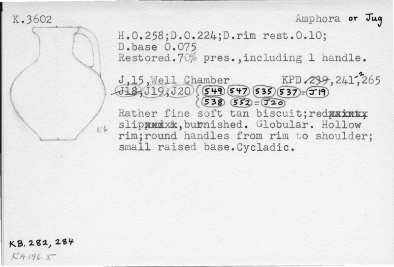 Index card with typed and handwritten information, sometimes including a sketch, of pottery from an excavation.