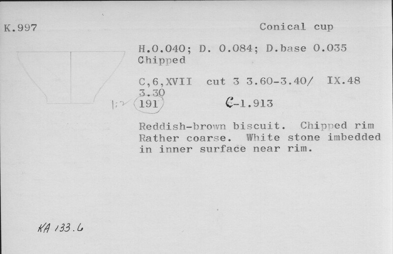 Index card with typed and handwritten information, sometimes including a sketch, of pottery from an excavation.