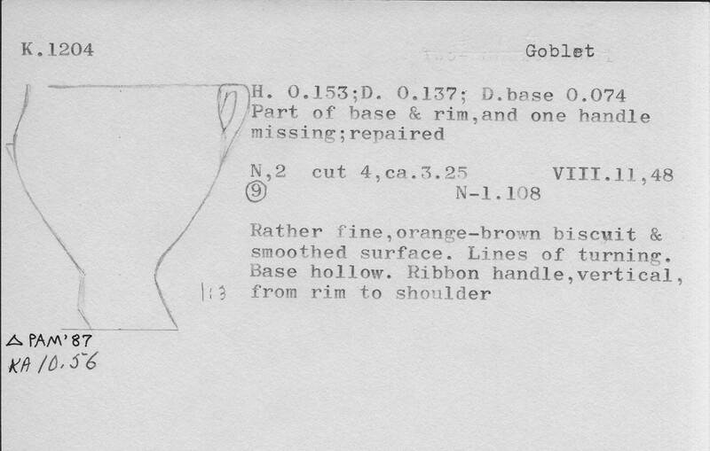 Index card with typed and handwritten information, sometimes including a sketch, of pottery from an excavation.