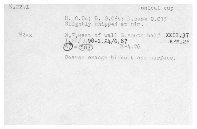 Index card with typed and handwritten information, sometimes including a sketch, of pottery from an excavation.