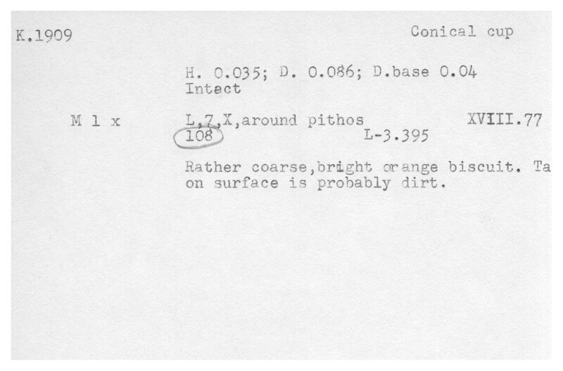 Index card with typed and handwritten information, sometimes including a sketch, of pottery from an excavation.