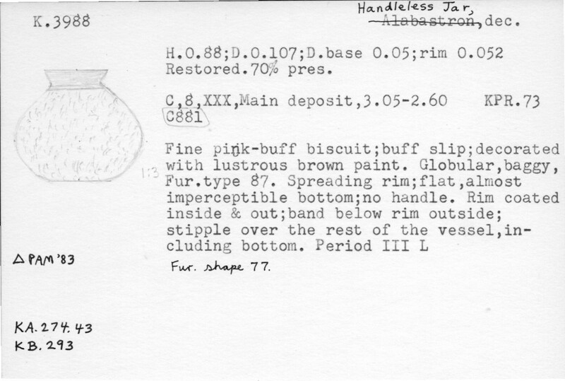 Index card with typed and handwritten information, sometimes including a sketch, of pottery from an excavation.