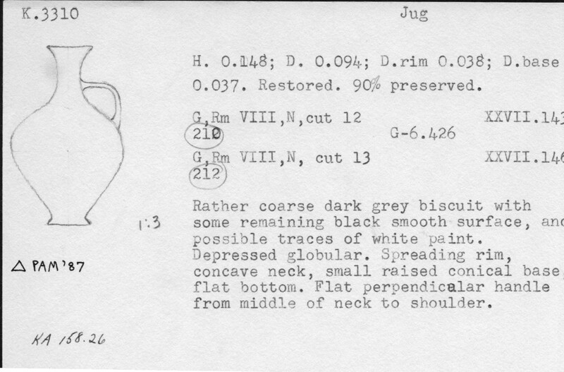 Index card with typed and handwritten information, sometimes including a sketch, of pottery from an excavation.