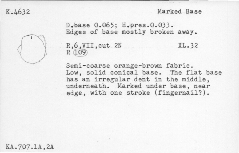 Index card with typed and handwritten information, sometimes including a sketch, of pottery from an excavation.
