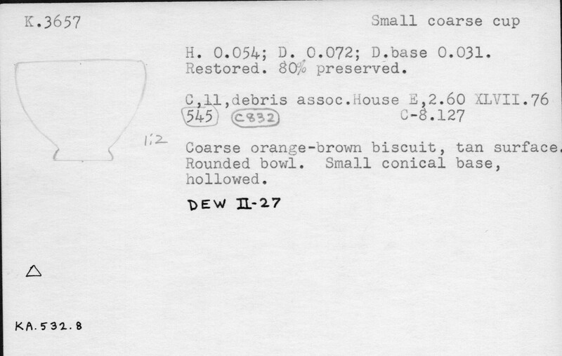 Index card with typed and handwritten information, sometimes including a sketch, of pottery from an excavation.