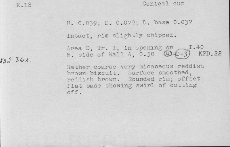 Index card with typed and handwritten information, sometimes including a sketch, of pottery from an excavation.