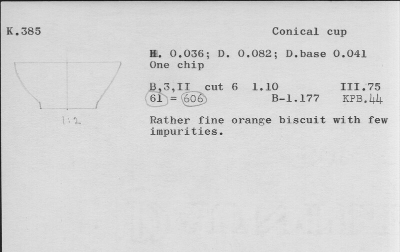 Index card with typed and handwritten information, sometimes including a sketch, of pottery from an excavation.