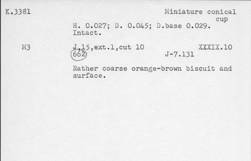 Index card with typed and handwritten information, sometimes including a sketch, of pottery from an excavation.