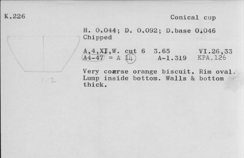 Index card with typed and handwritten information, sometimes including a sketch, of pottery from an excavation.