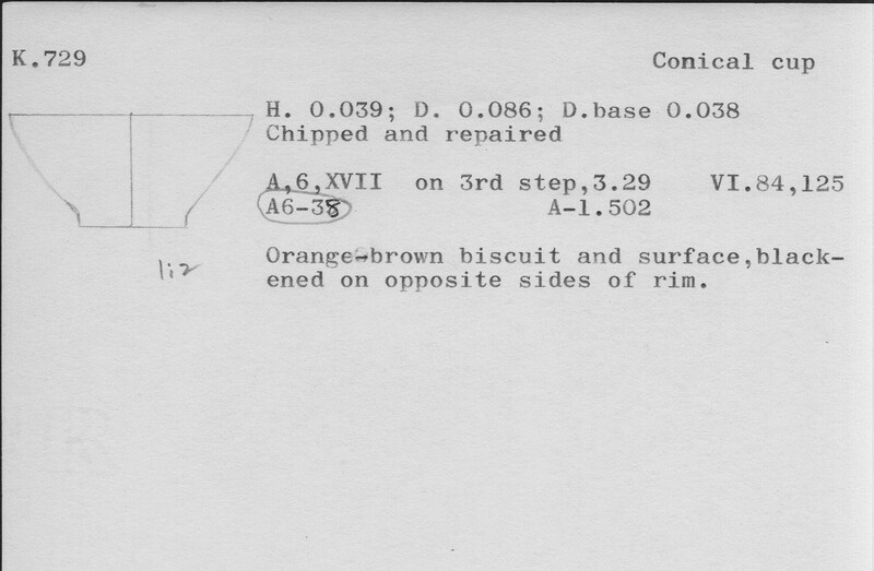 Index card with typed and handwritten information, sometimes including a sketch, of pottery from an excavation.