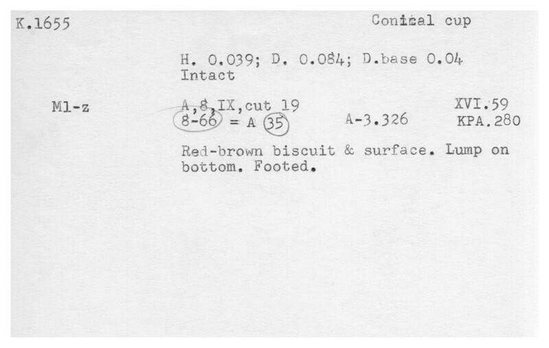 Index card with typed and handwritten information, sometimes including a sketch, of pottery from an excavation.