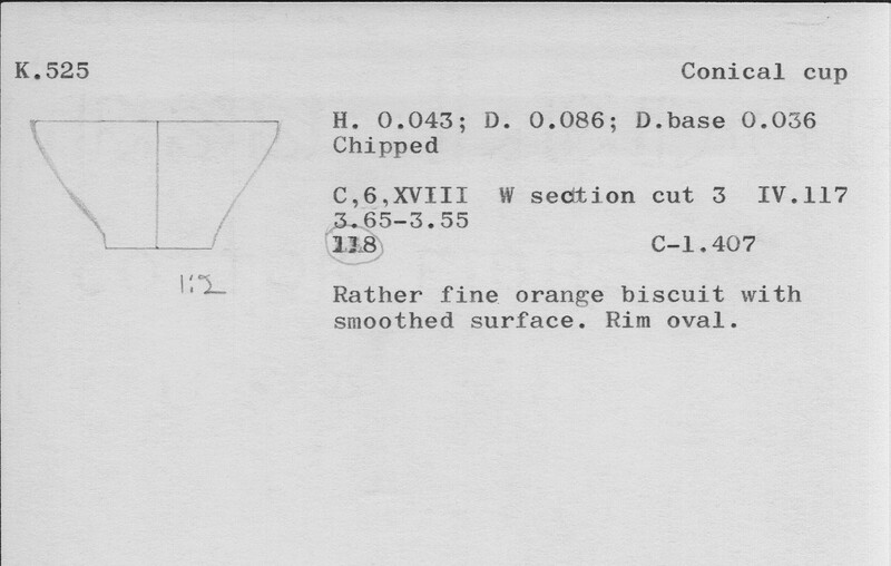 Index card with typed and handwritten information, sometimes including a sketch, of pottery from an excavation.