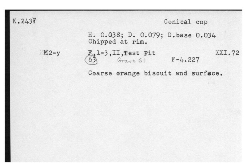 Index card with typed and handwritten information, sometimes including a sketch, of pottery from an excavation.