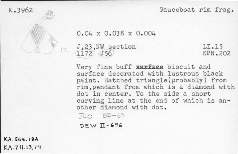 Index card with typed and handwritten information, sometimes including a sketch, of pottery from an excavation.