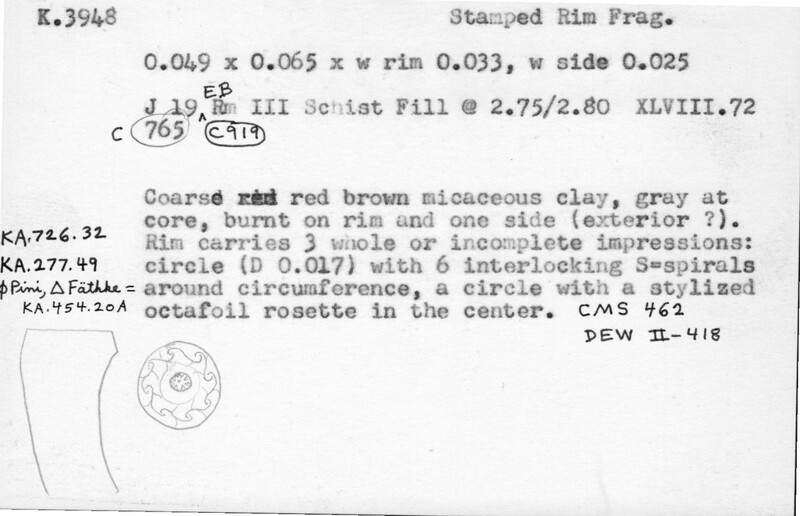 Index card with typed and handwritten information, sometimes including a sketch, of pottery from an excavation.